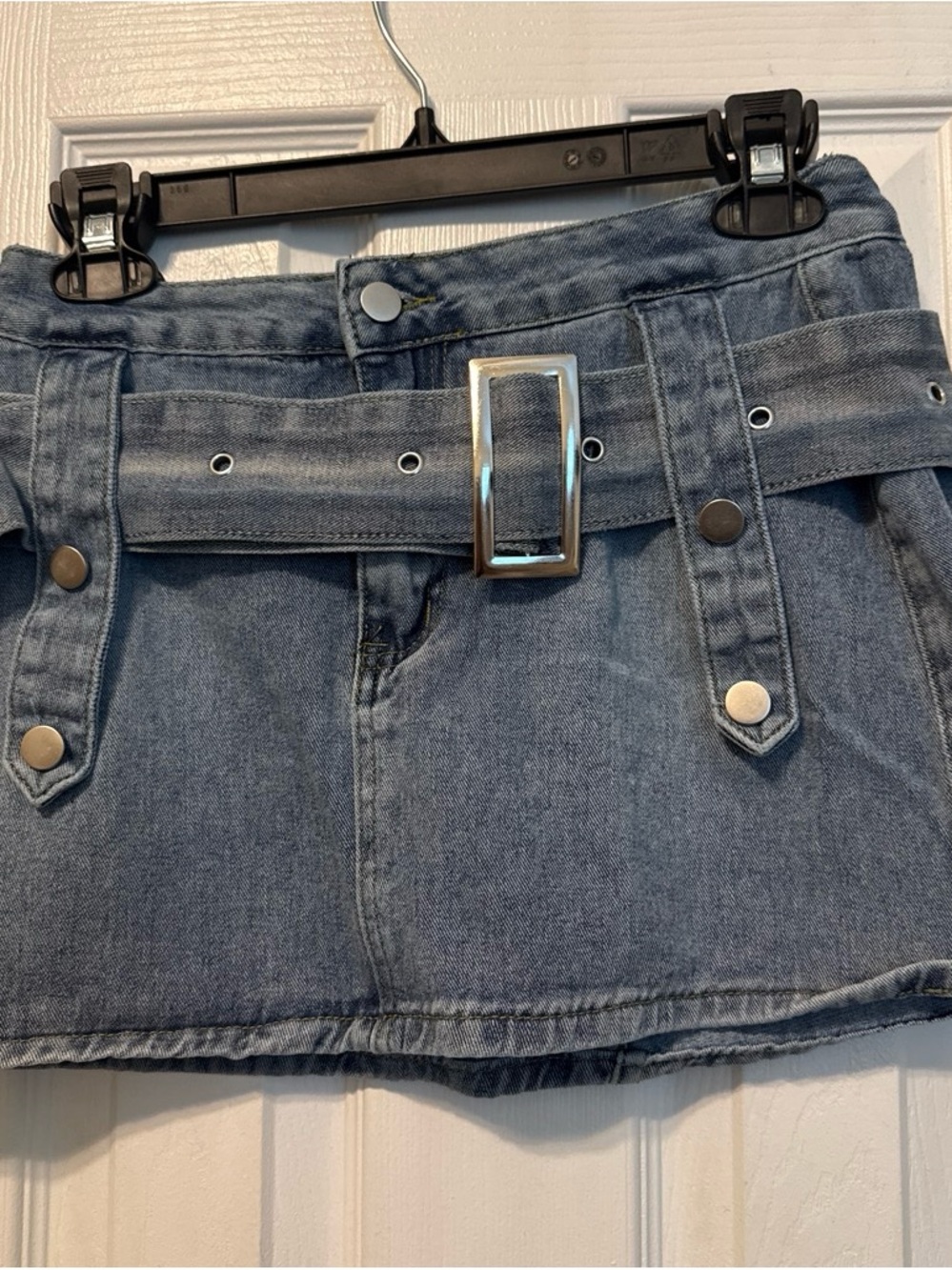 Washed Blue Denim Mini Skirt with Buckle Belt